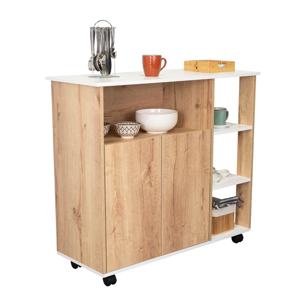 MESA AUXILIAR DE COCINA CORALYN, BLANCO Y CAFÉ CLARO, CON TRES ENTREPAÑOS Y RODACHINES