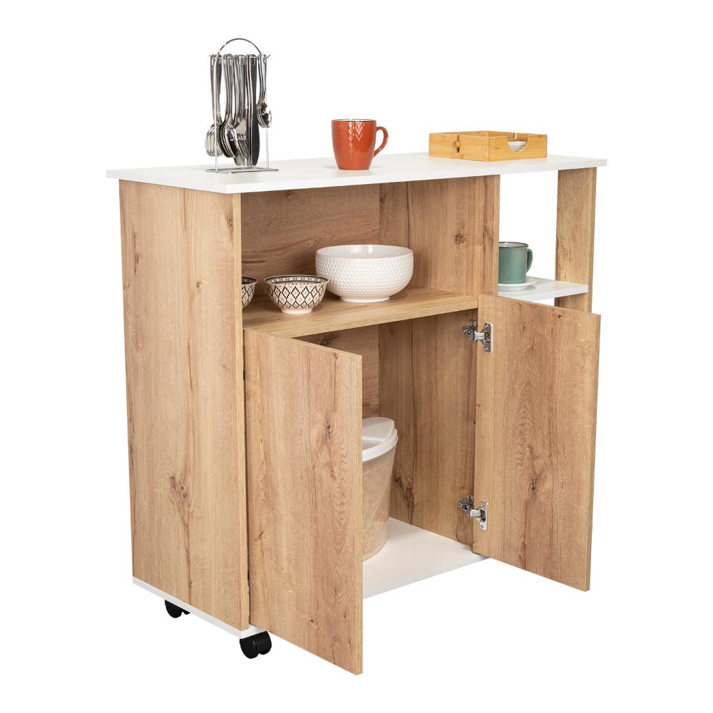 MESA AUXILIAR DE COCINA CORALYN, BLANCO Y CAFÉ CLARO, CON TRES ENTREPAÑOS Y RODACHINES