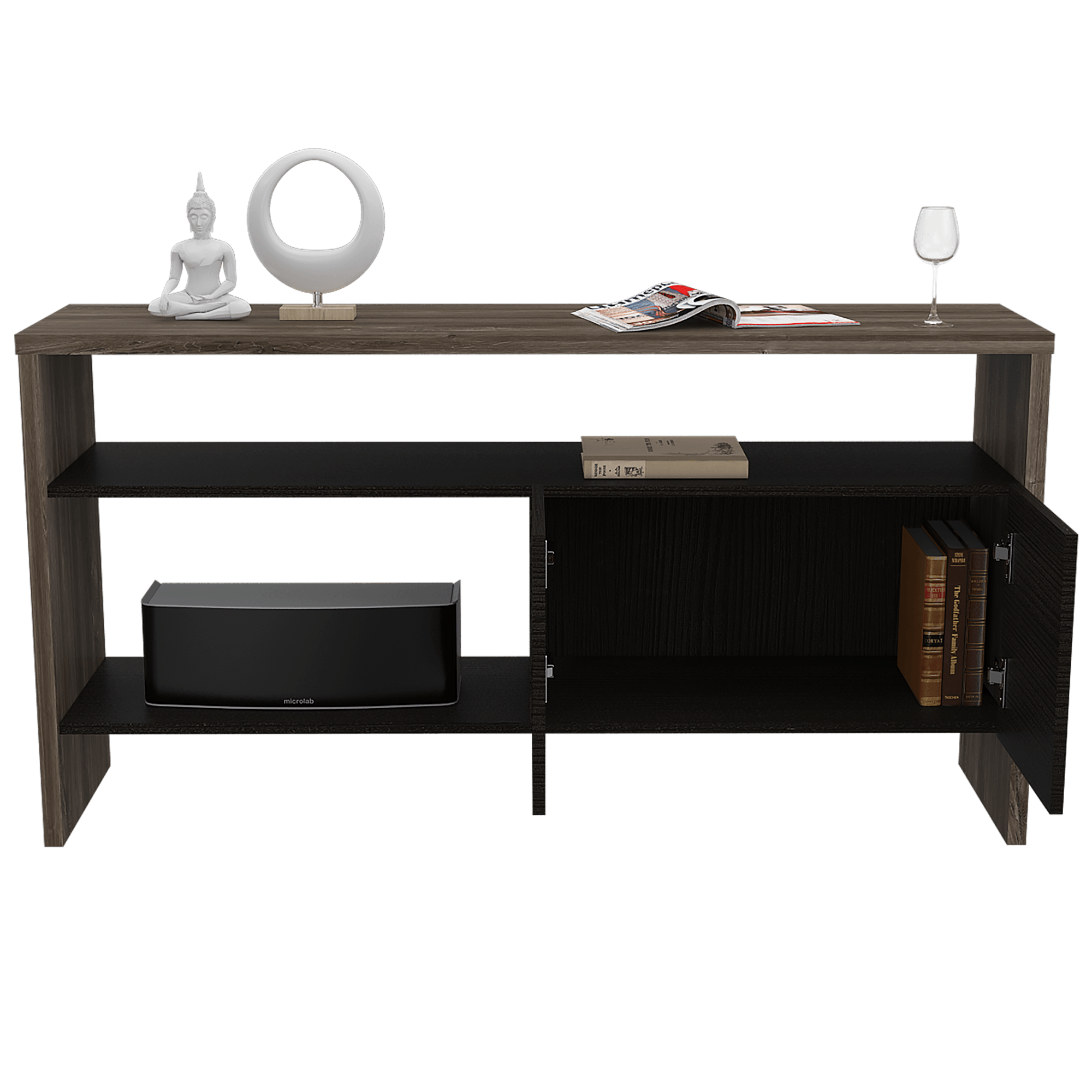 MESA AUXILIAR RECIBIDOR TONNY, AVELLANA Y WENGUE, CON DOS PUERTAS Y AMPLIOS ESPACIOS