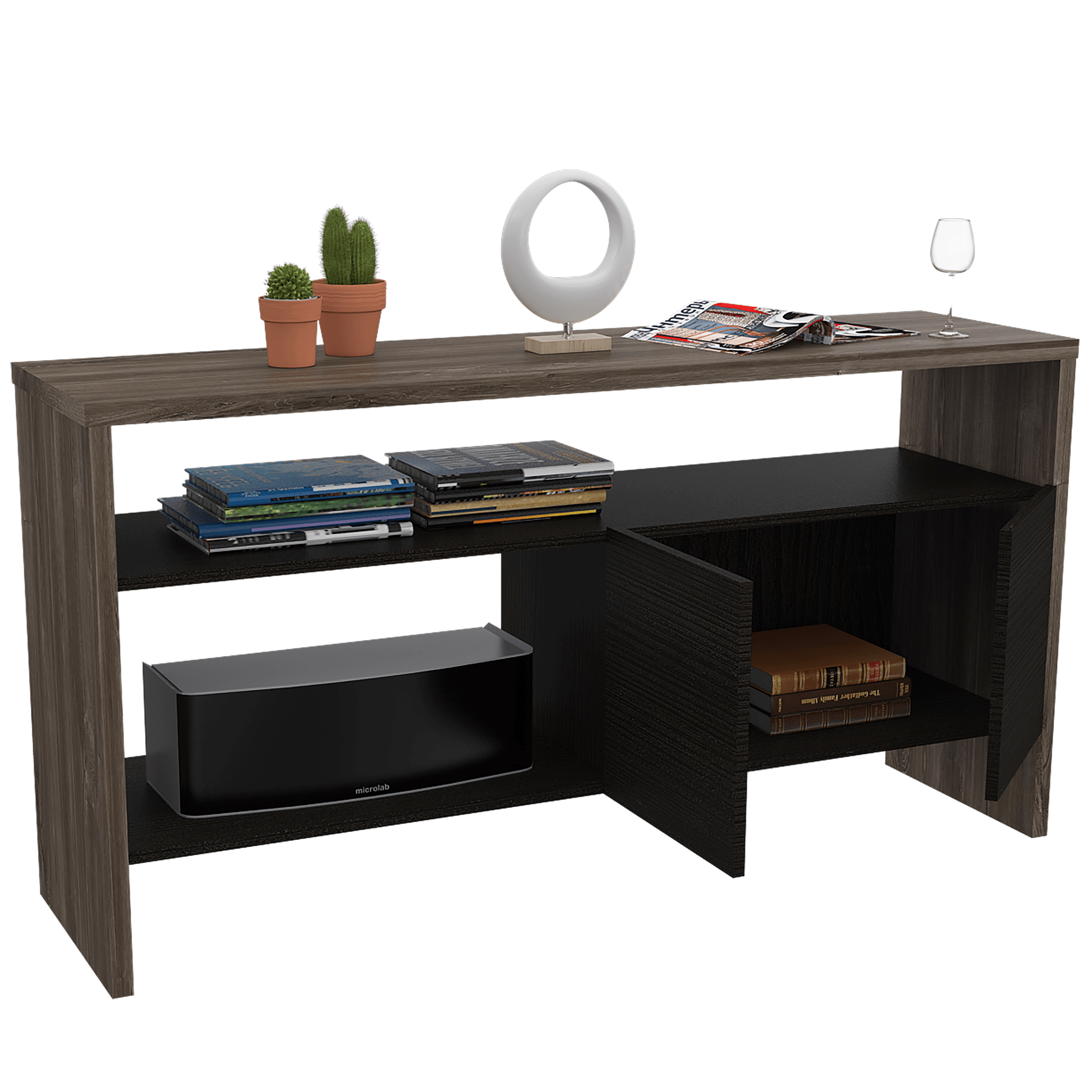 MESA AUXILIAR RECIBIDOR TONNY, AVELLANA Y WENGUE, CON DOS PUERTAS Y AMPLIOS ESPACIOS