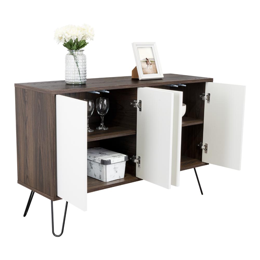 MESA AUXILIAR LARA, CAOBA Y BLANCO, CON VARIOS ENTREPAÑOS Y PATAS METÁLICAS