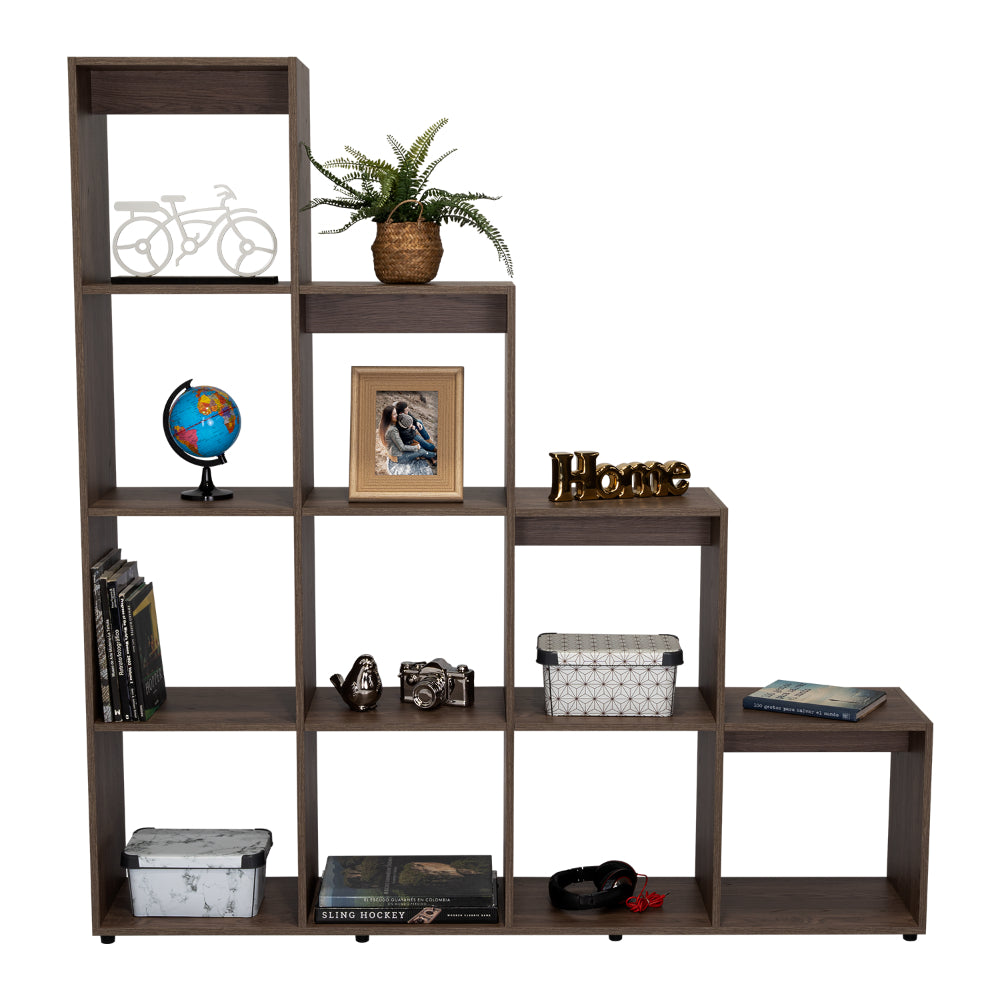 BIBLIOTECA ESCALERA ASCHER, CHOCOLATE, CON VARIEDAD DE ESPACIOS PARA LIBROS Y ARTÍCULOS DECORATIVOS