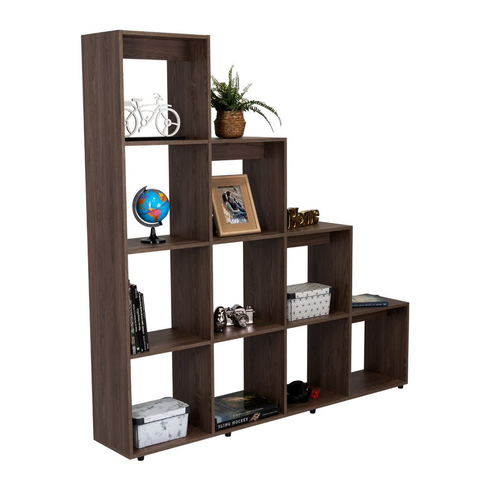 BIBLIOTECA ESCALERA ASCHER, CHOCOLATE, CON VARIEDAD DE ESPACIOS PARA LIBROS Y ARTÍCULOS DECORATIVOS