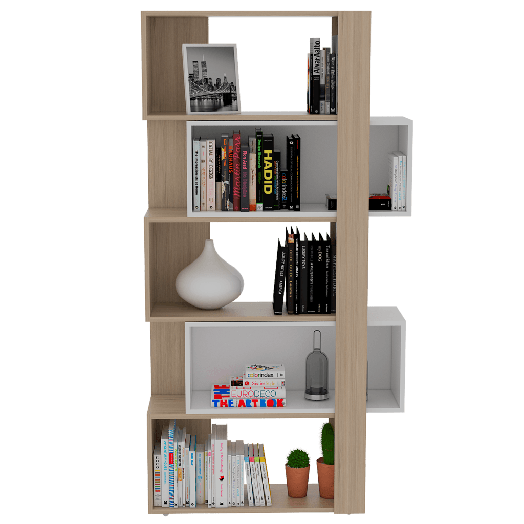 BIBLIOTECA ASCHER, BEIGE Y BLANCO, CON CINCO ENTREPAÑOS