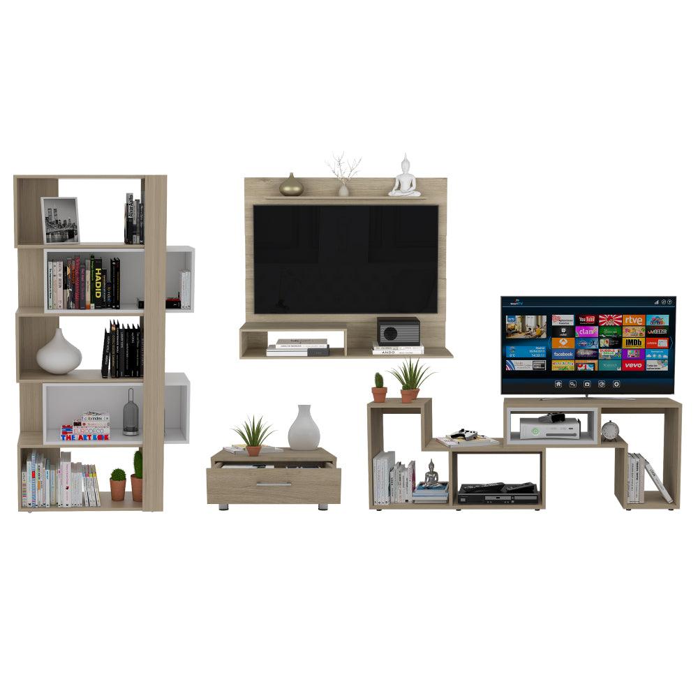 COMBO PARA SALA, ASCHER, INCLUYE BIBLIOTECA, MESA DE CENTRO, PANEL Y MESA PARA TV, BEIGE Y BLANCO