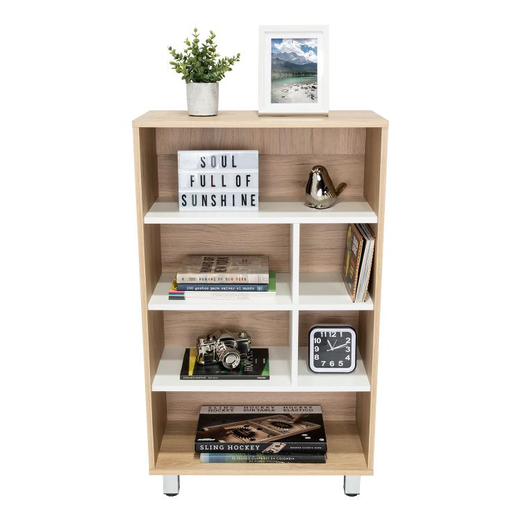 BIBLIOTECA TONNY, BEIGE Y BLANCO, CON VARIEDAD DE ESPACIOS PARA LIBROS Y ARTÍCULOS DECORATIVOS