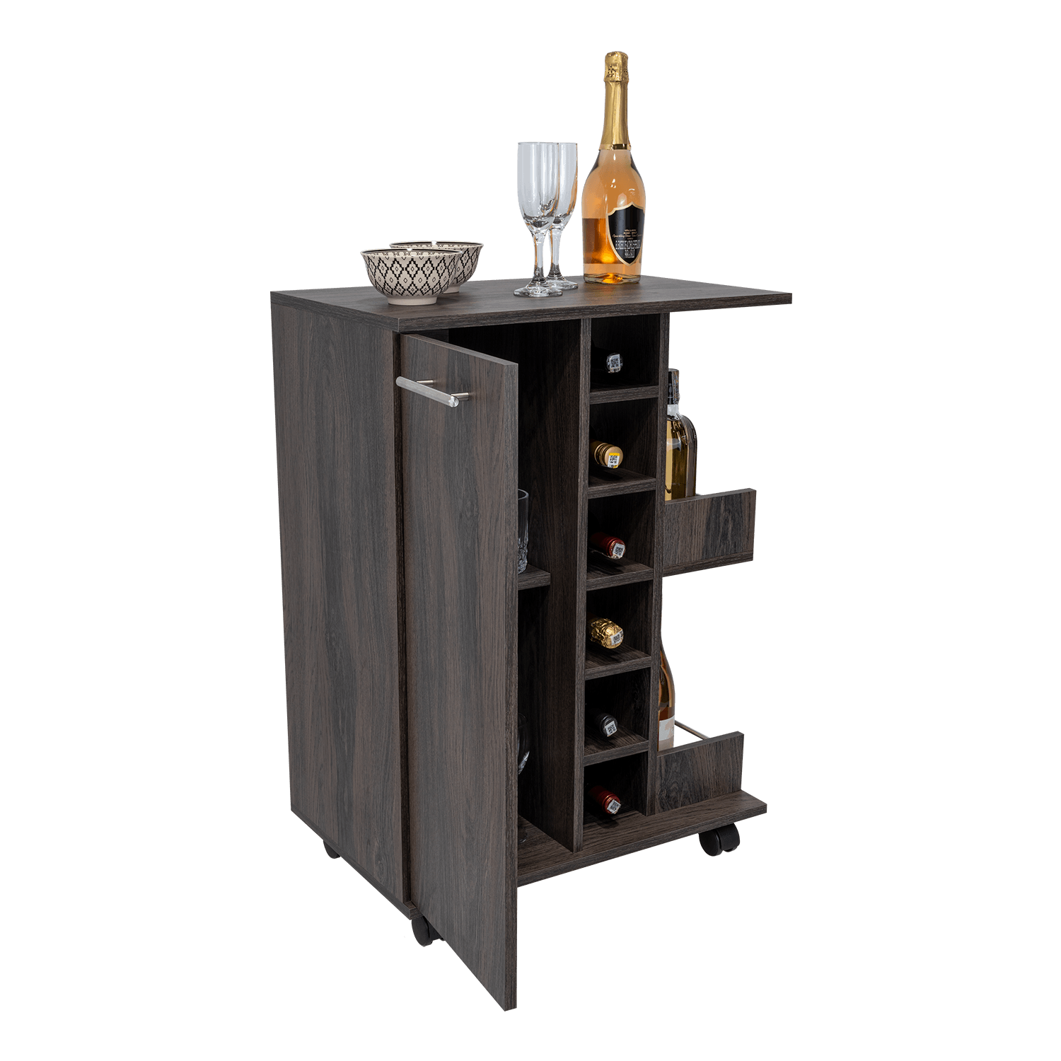 BAR CART ARGUS, GRAFITO, CON ESPACIO PARA BOTELLAS Y PORTA COPAS