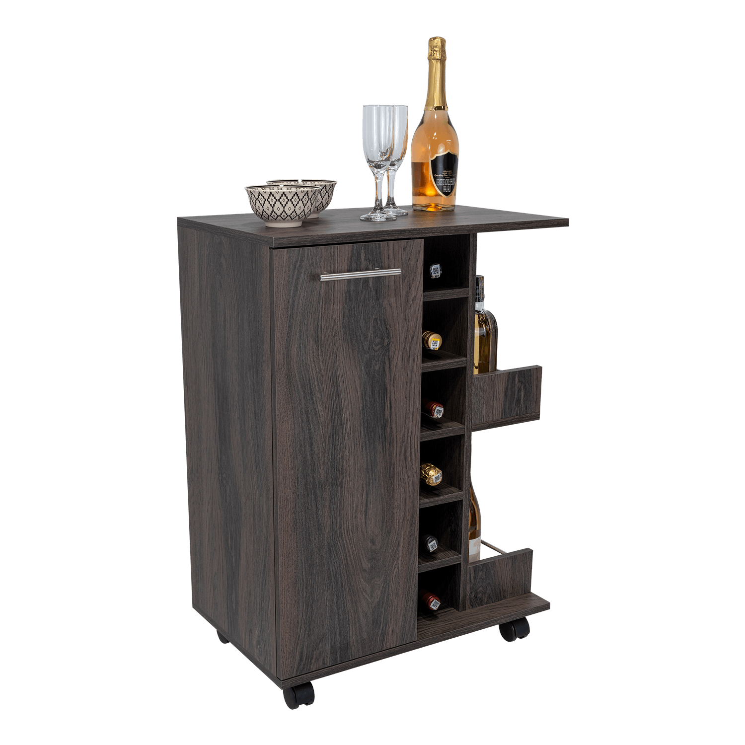 BAR CART ARGUS, GRAFITO, CON ESPACIO PARA BOTELLAS Y PORTA COPAS
