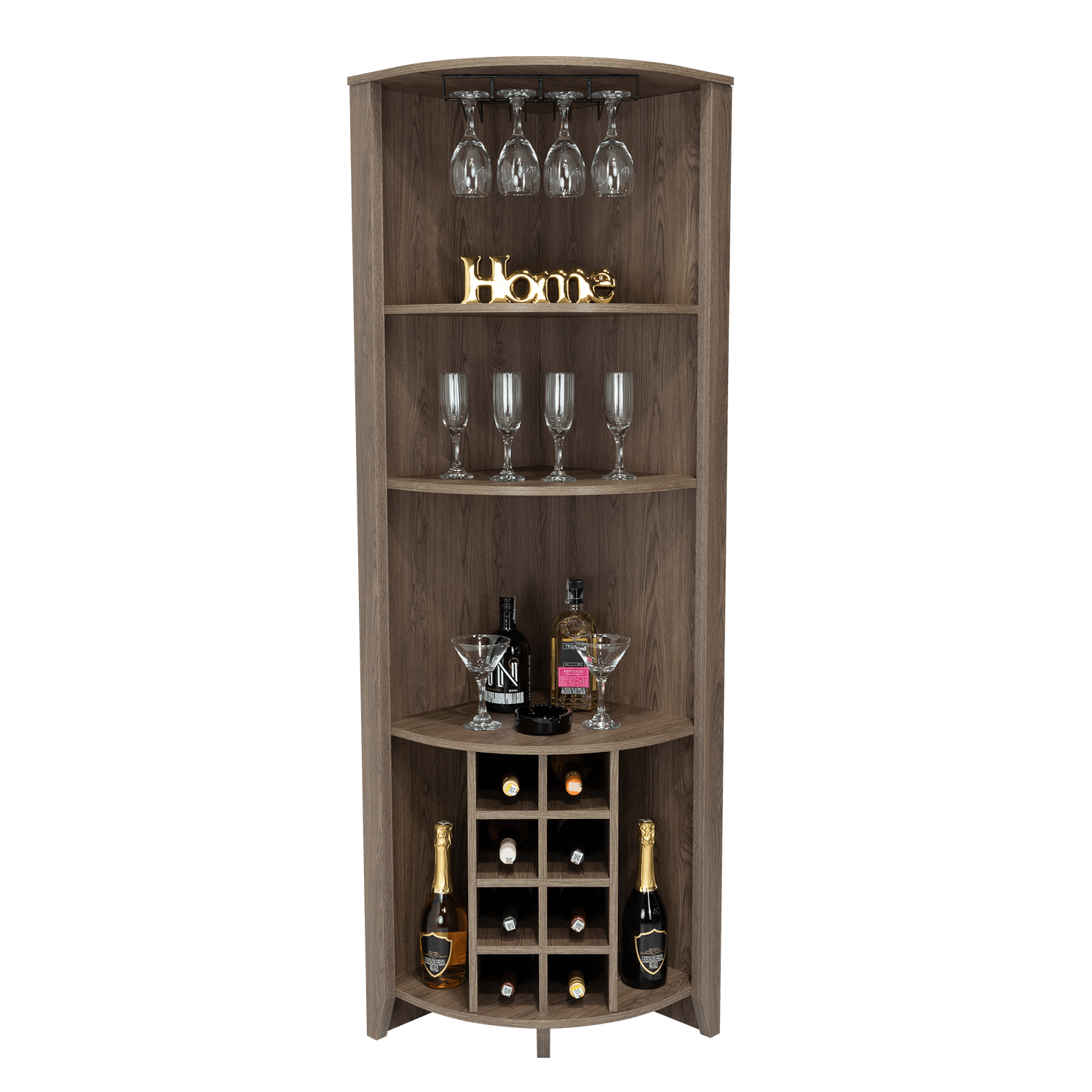 BAR ESQUINERO SARUME, CHOCOLATE, CON AMPLIO ESPACIO DE ALMACENAMIENTO Y PORTA COPAS