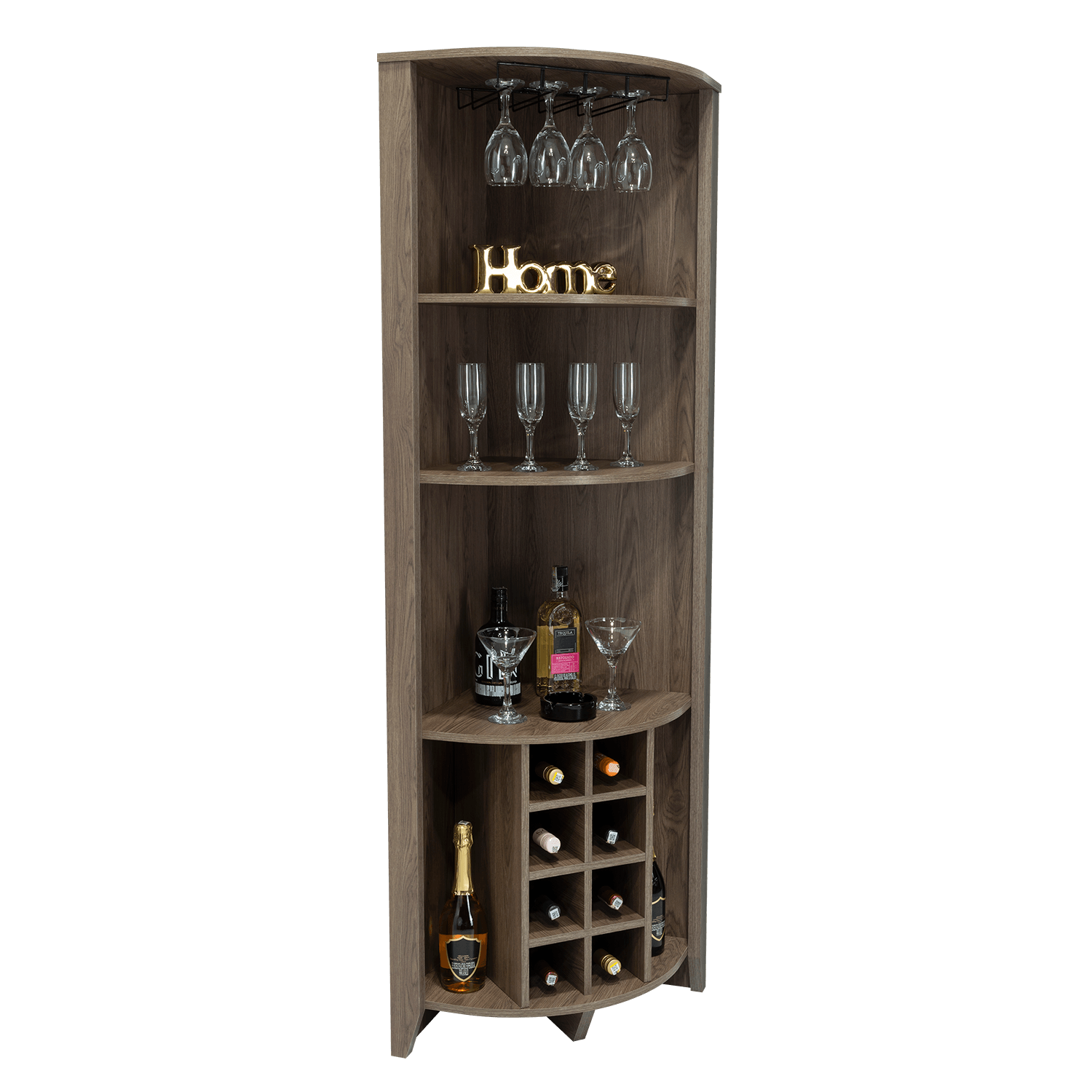 BAR ESQUINERO SARUME, CHOCOLATE, CON AMPLIO ESPACIO DE ALMACENAMIENTO Y PORTA COPAS