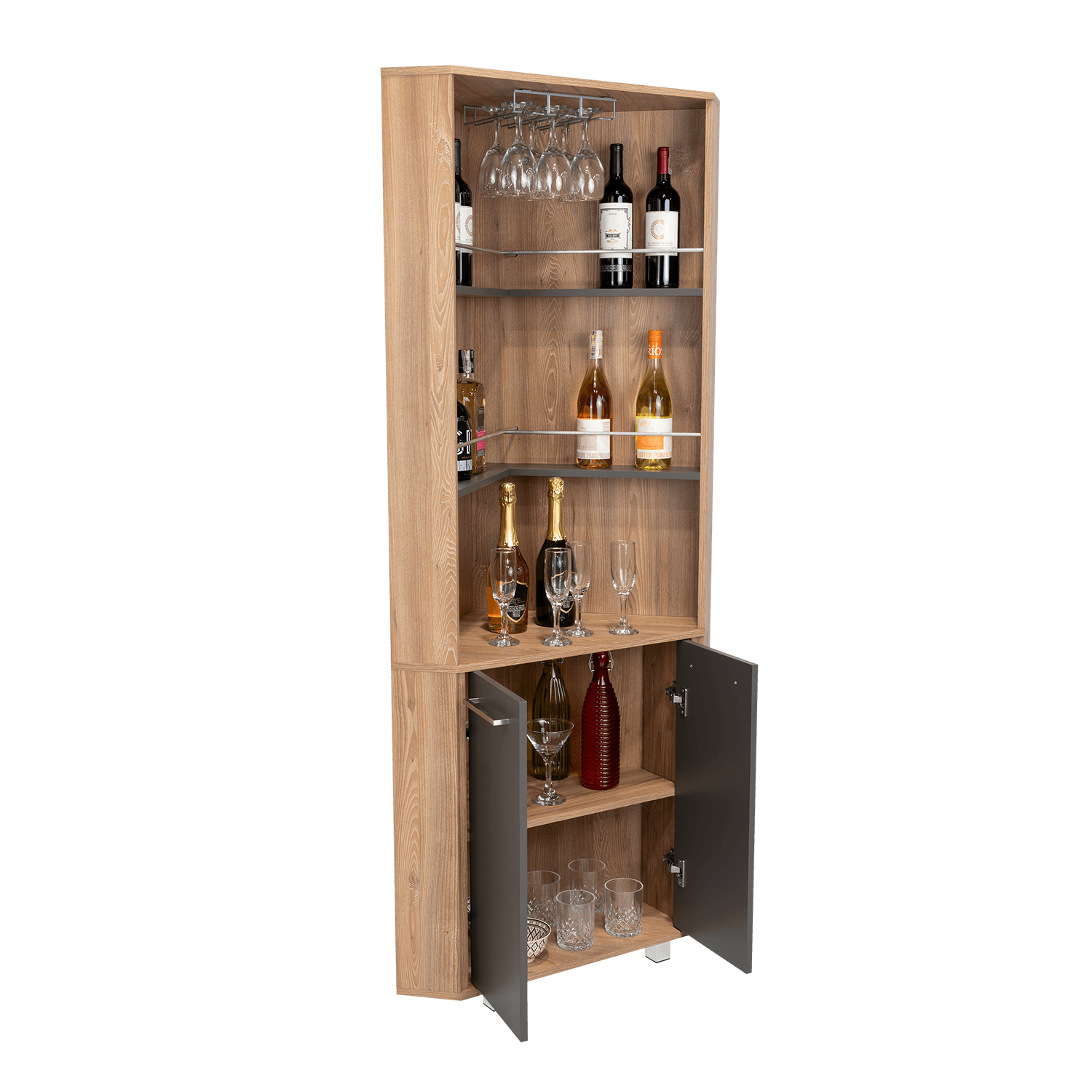 BAR POLINESIO, MIEL Y PLATA OSCURO, CON ESPACIO PARA BOTELLAS Y COPAS
