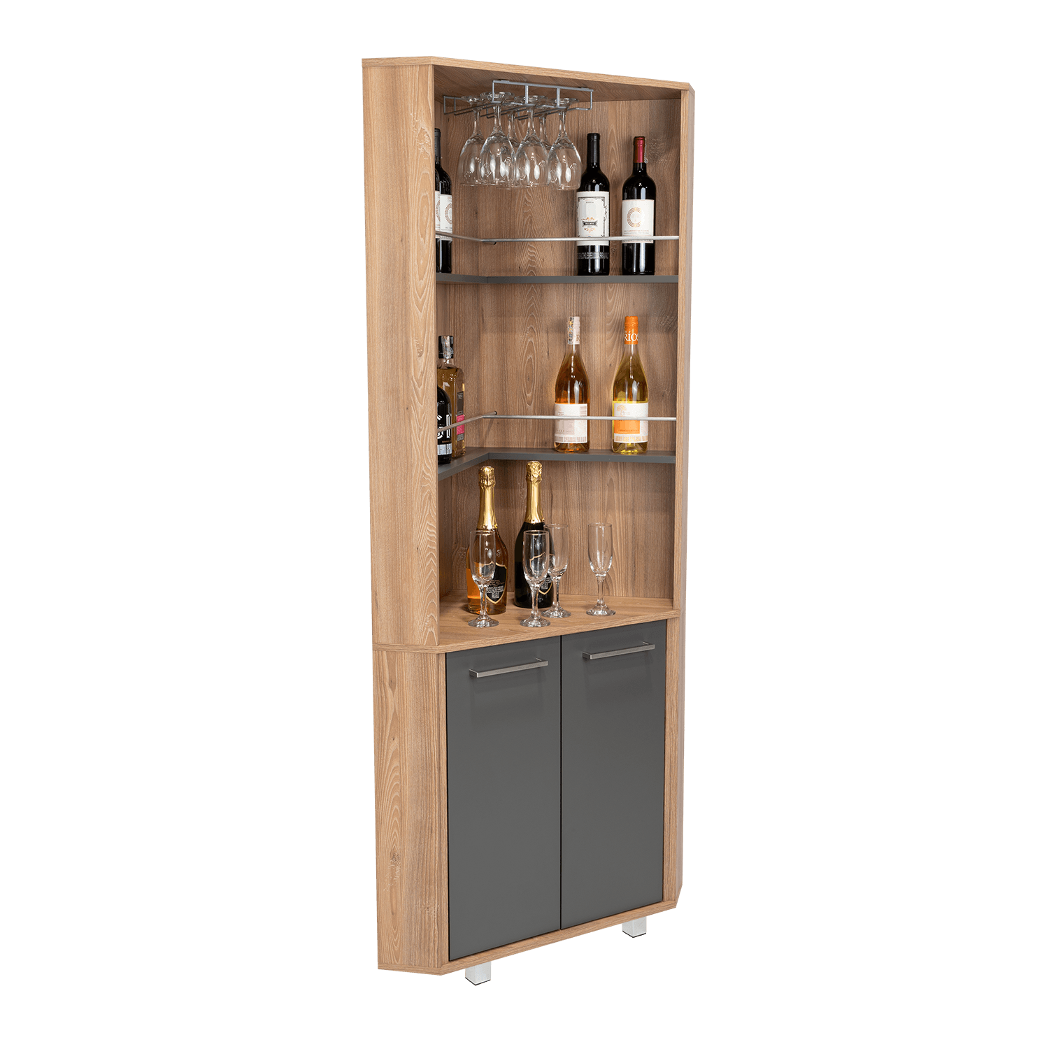 BAR POLINESIO, MIEL Y PLATA OSCURO, CON ESPACIO PARA BOTELLAS Y COPAS