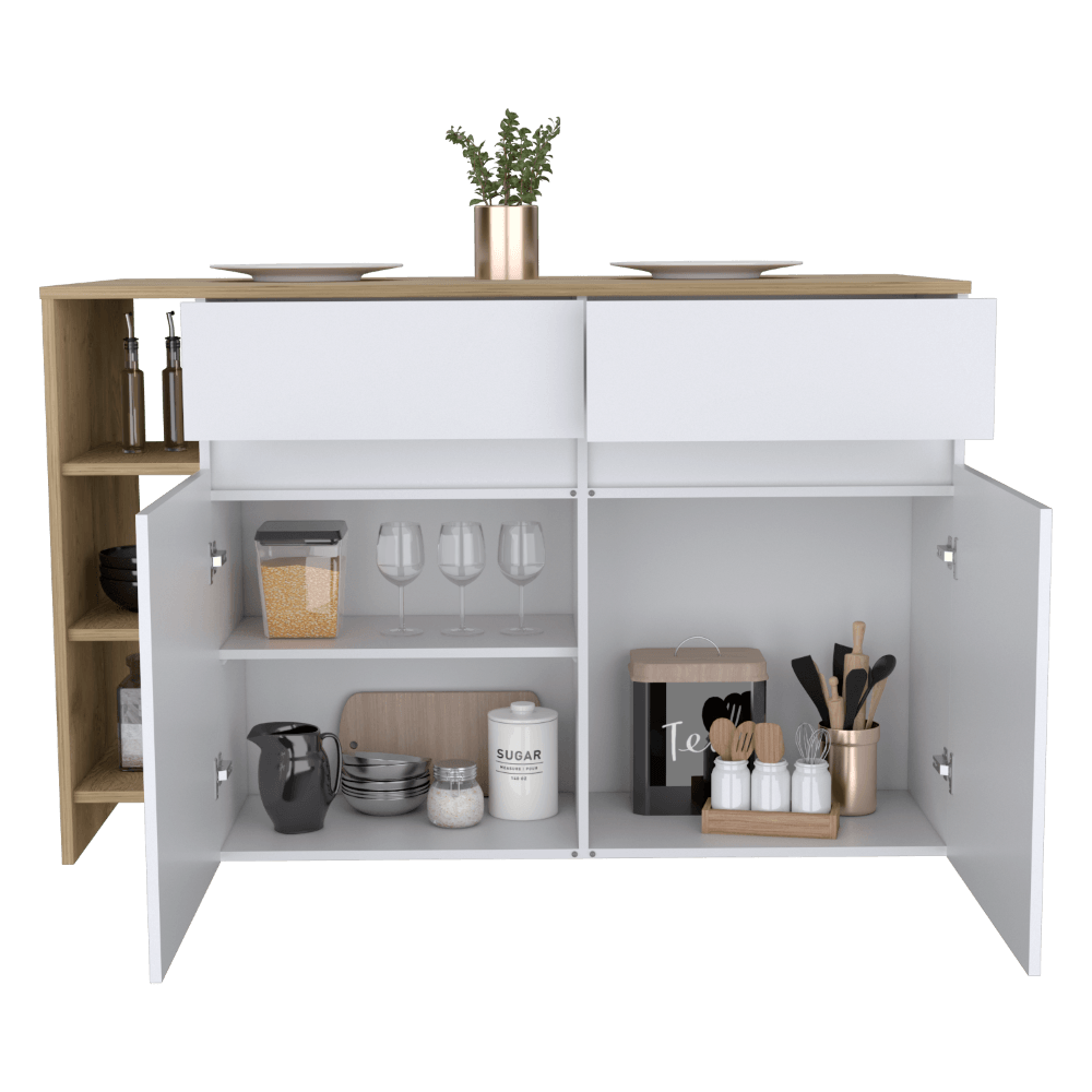 BARRA DE COCINA POLUX, BLANCO VAINILLA Y BEIGE , CON AMPLIA SUPERFICIE SUPERIOR Y ENTREPAÑOS