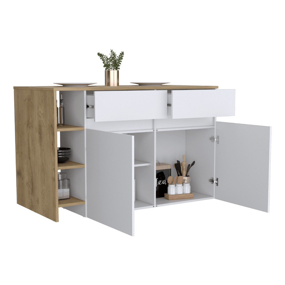 BARRA DE COCINA POLUX, BLANCO VAINILLA Y BEIGE , CON AMPLIA SUPERFICIE SUPERIOR Y ENTREPAÑOS