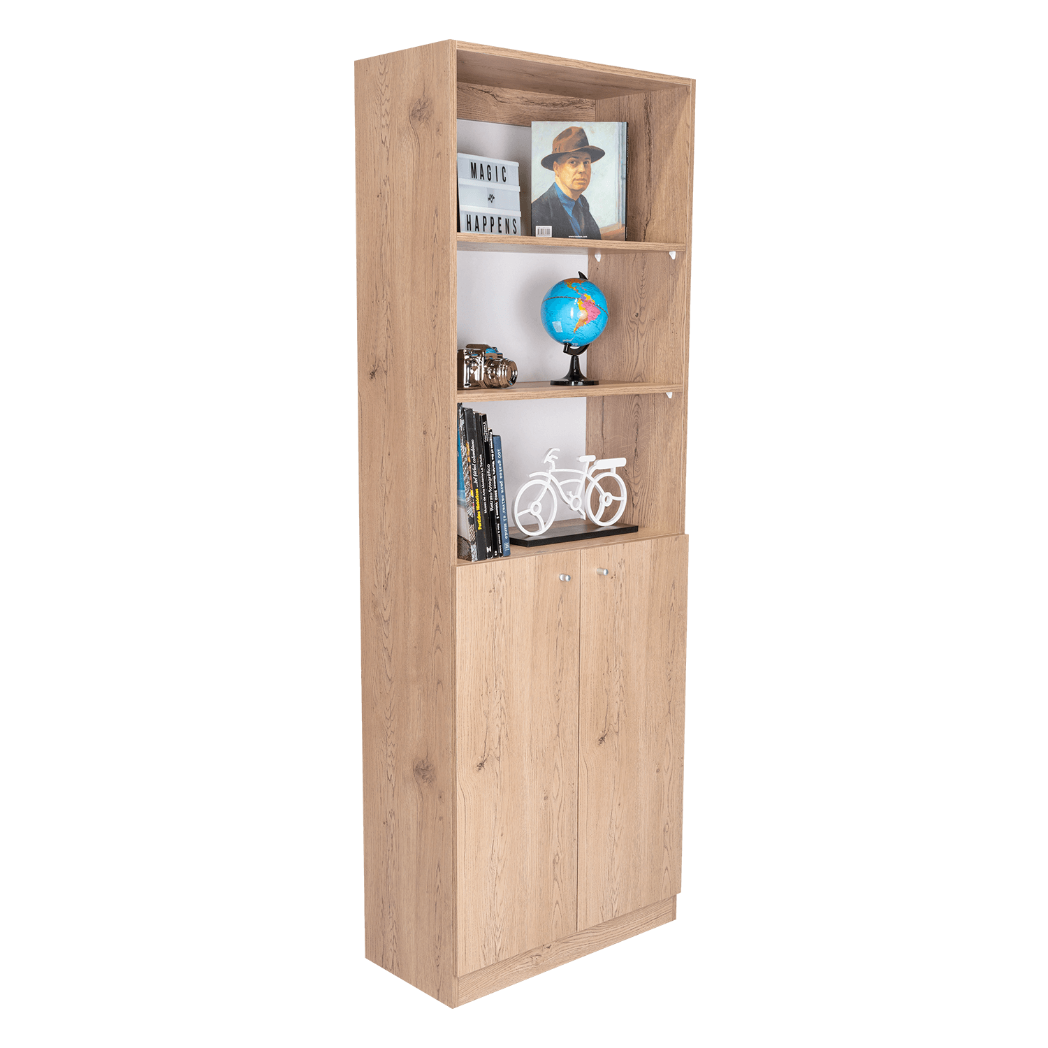 BIBLIOTECA HOME, MACADAMIA Y BLANCO DUQUEZA, CON CINCO ENTREPAÑOS Y DOS PUERTAS ABATIBLES