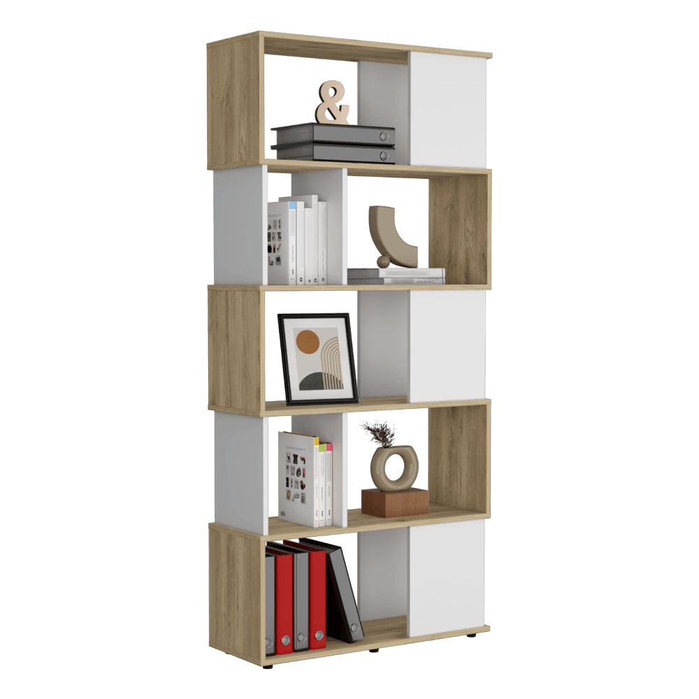 BIBLIOTECA NOAH, MACADAMIA Y BLANCO VAINILLA, CON VARIEDAD DE ENTREPAÑOS