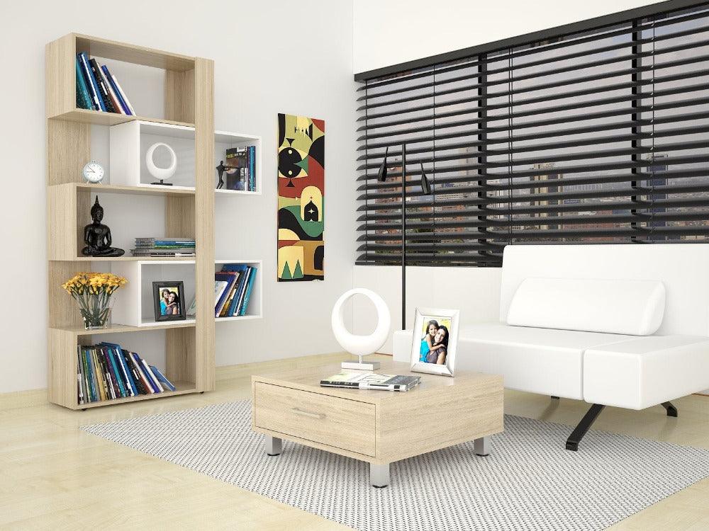 COMBO PARA SALA BERLÍN, INCLUYE BIBLIOTECA CUBO Y MESA DE CENTRO
