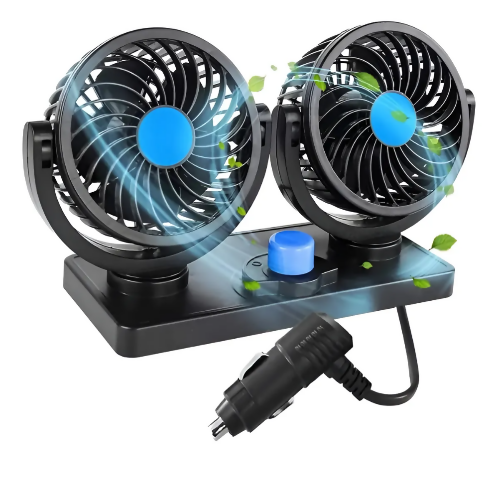VENTILADOR DOBLE PARA CARRO AUTOS INTERIOR GIRATORIO 360° 22 CM NEGRO 1.2V