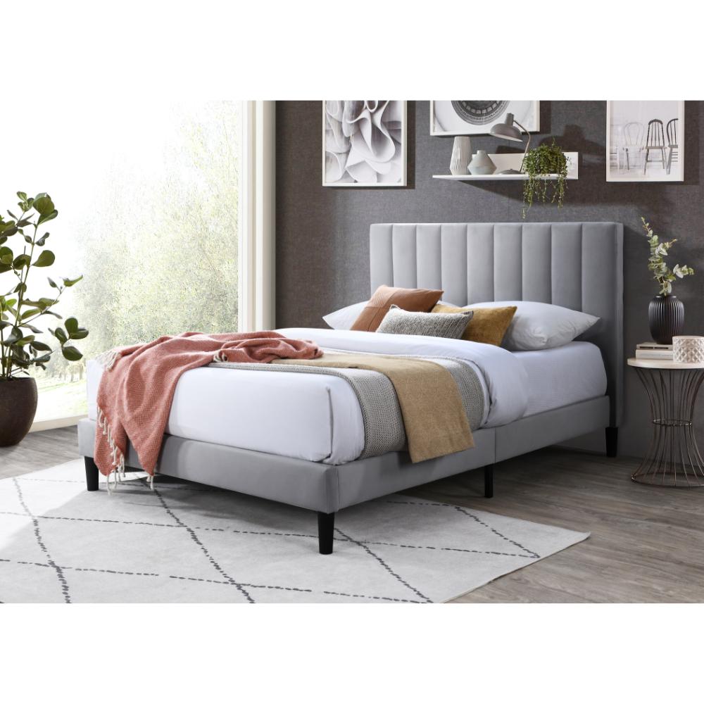 Cama Doble Lisa, Gris Claro, Madera roble tapizada