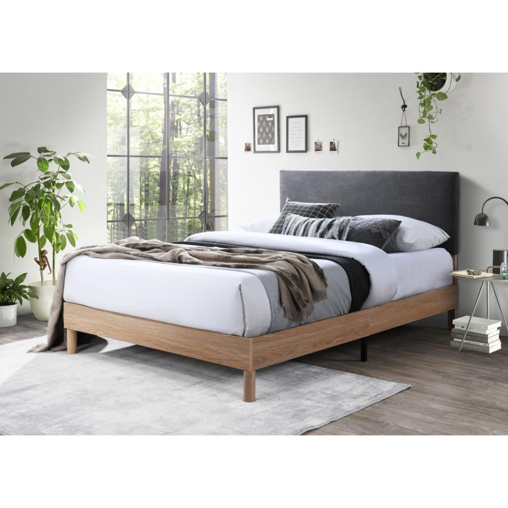 CAMA DOBLE SONIA, GRIS OSCURO, CON RESPALDO TAPIZADO