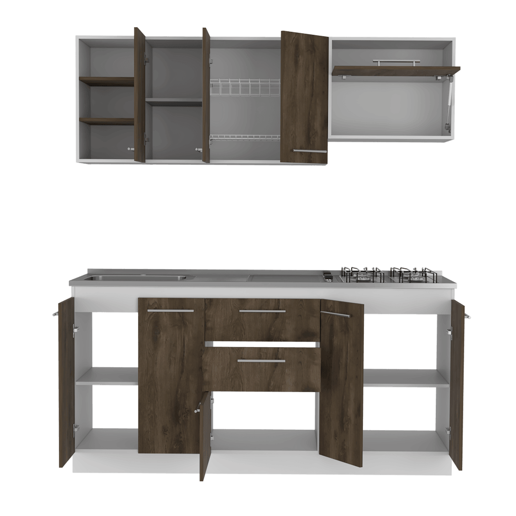 COCINA INTEGRAL OSAKA, NOGAL Y BLANCO, INCLUYE MESÓN IZQUIERDO EN ACERO INOXIDABLE