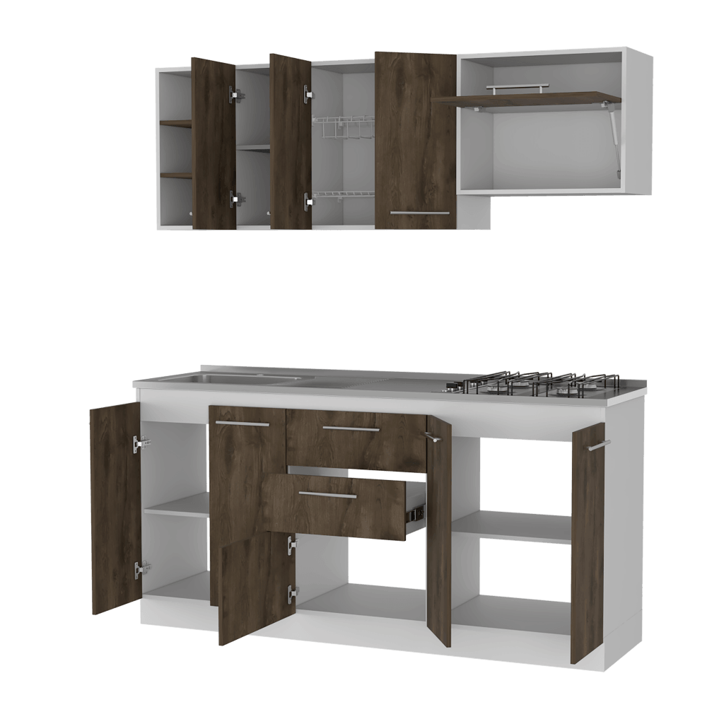 COCINA INTEGRAL OSAKA, NOGAL Y BLANCO, INCLUYE MESÓN IZQUIERDO EN ACERO INOXIDABLE