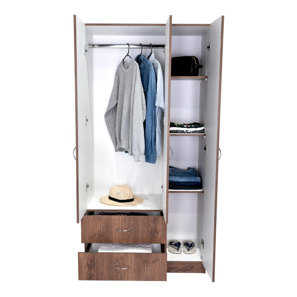 CLOSET AMÉRICA, NOGAL Y BLANCO, CON DOS CAJONES Y VARIEDAD DE ENTREPAÑOS