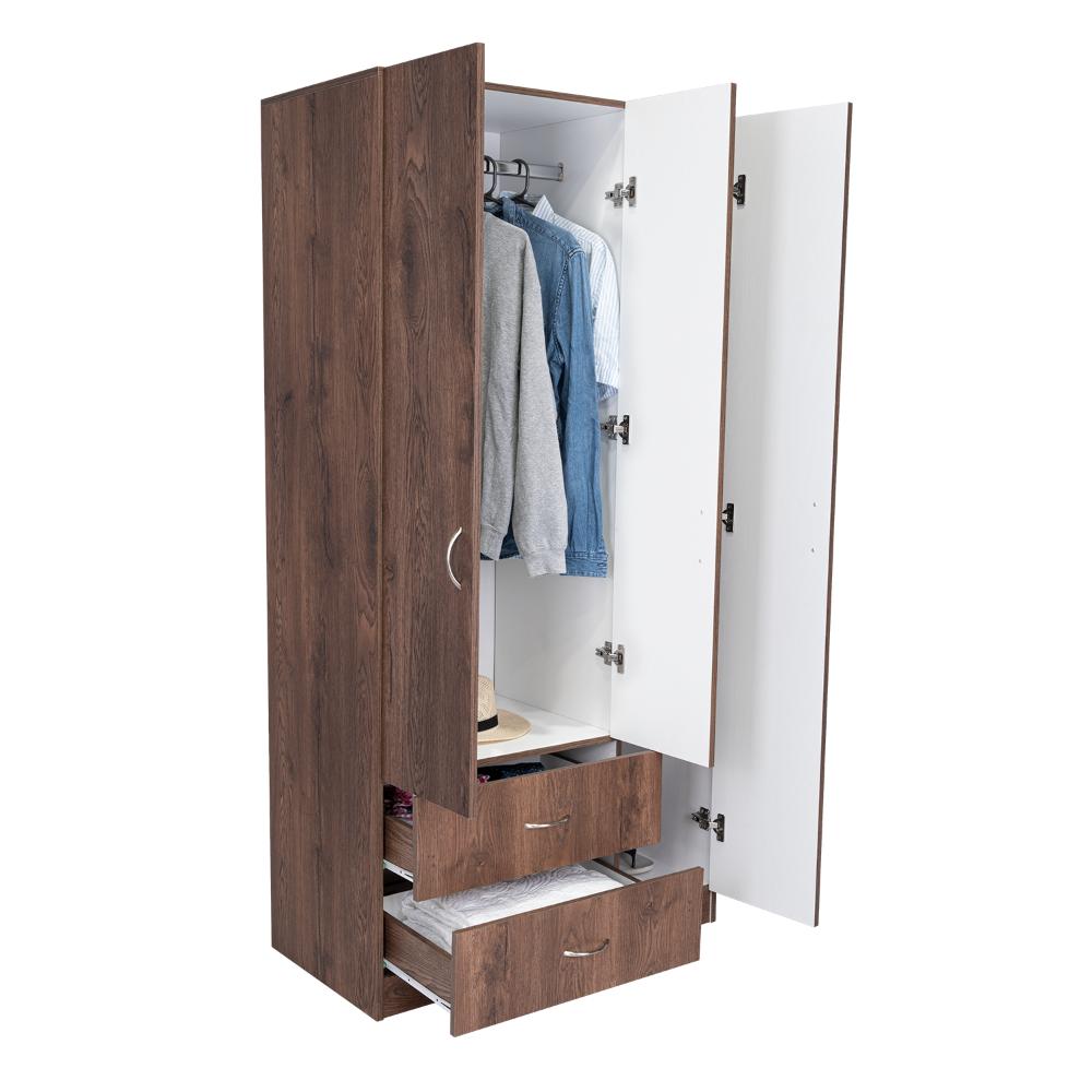 CLOSET AMÉRICA, NOGAL Y BLANCO, CON DOS CAJONES Y VARIEDAD DE ENTREPAÑOS