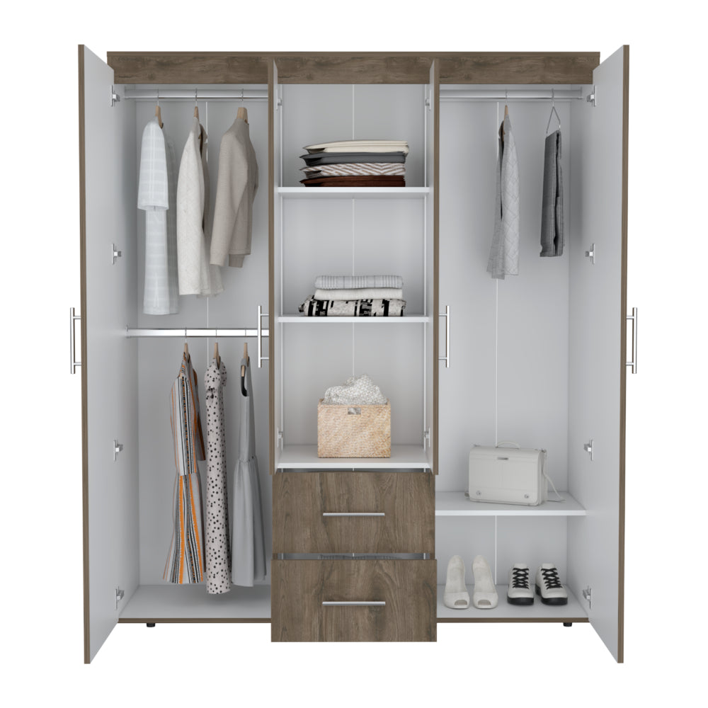 CLOSET BARILOCHE BOMBAY ECO, NOGAL Y BLANCO, CON VARIEDAD DE ENTREPAÑOS Y CUATRO PUERTAS ABATIBLES