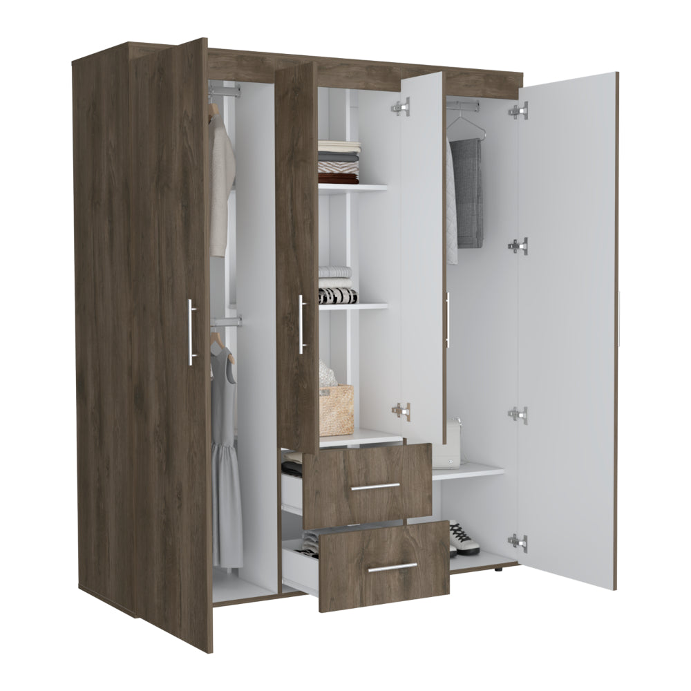 CLOSET BARILOCHE BOMBAY ECO, NOGAL Y BLANCO, CON VARIEDAD DE ENTREPAÑOS Y CUATRO PUERTAS ABATIBLES