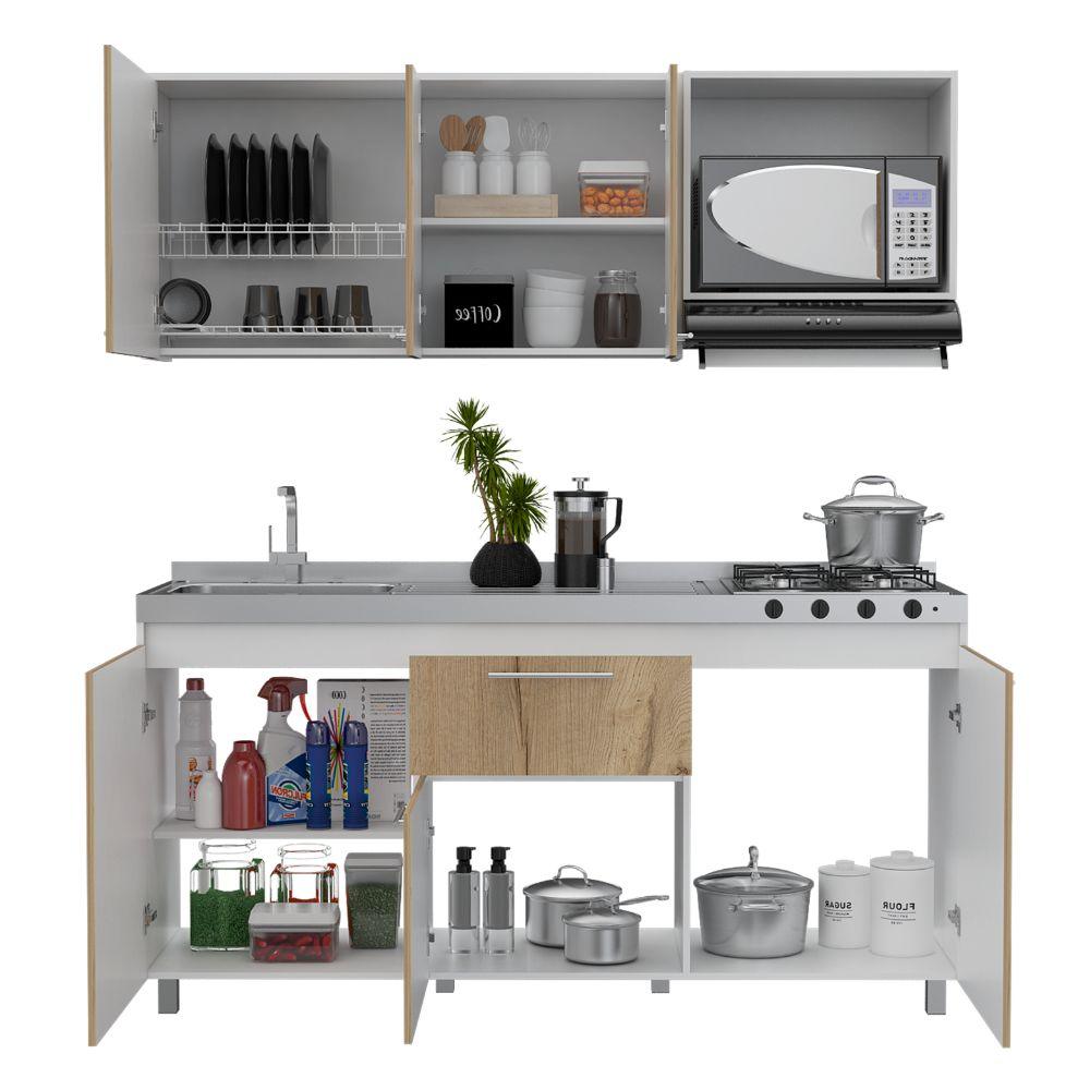 COCINA INTEGRAL ALAN, CAFÉ CLARO Y BLANCO, INCLUYE MESÓN IZQUIERDO EN ACERO INOXIDABLE