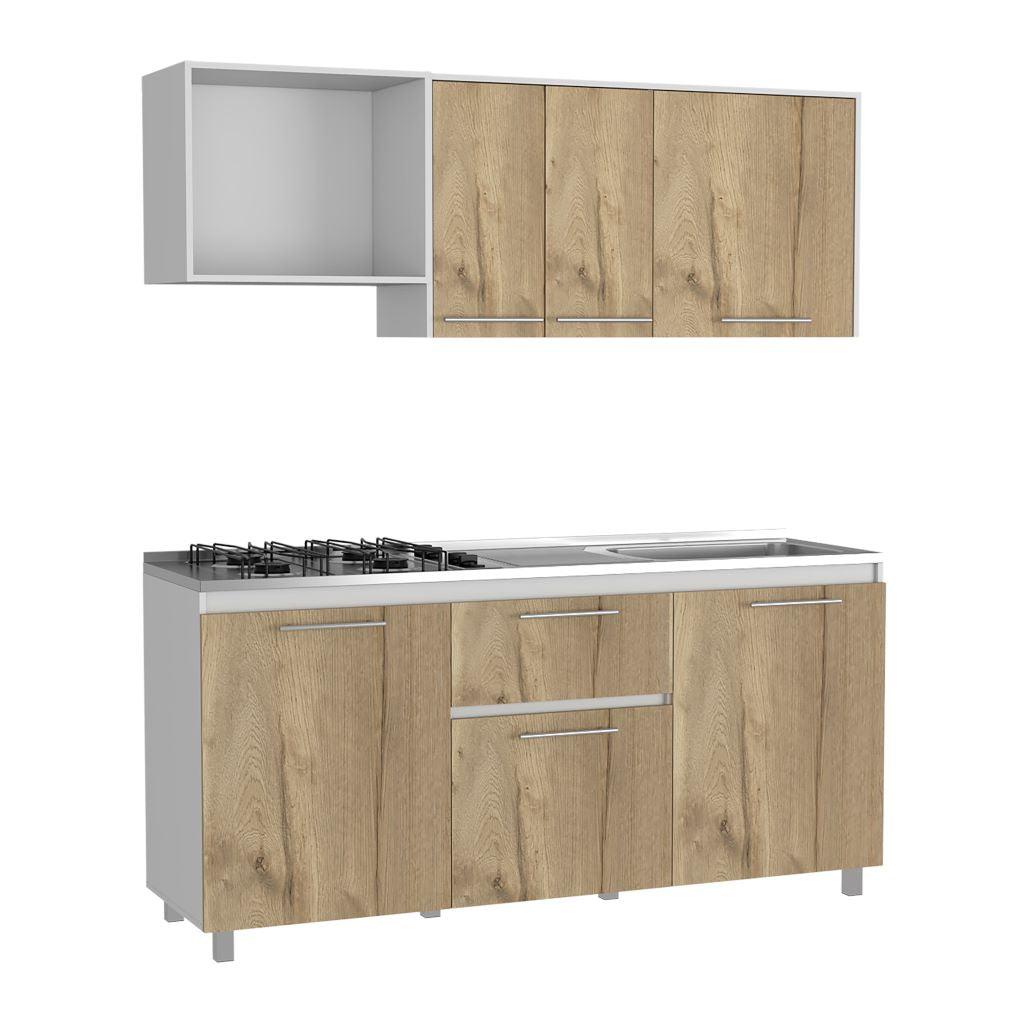 COCINA INTEGRAL ALAN, CAFÉ CLARO Y BLANCO, INCLUYE MESÓN DERECHO EN ACERO INOXIDABLE