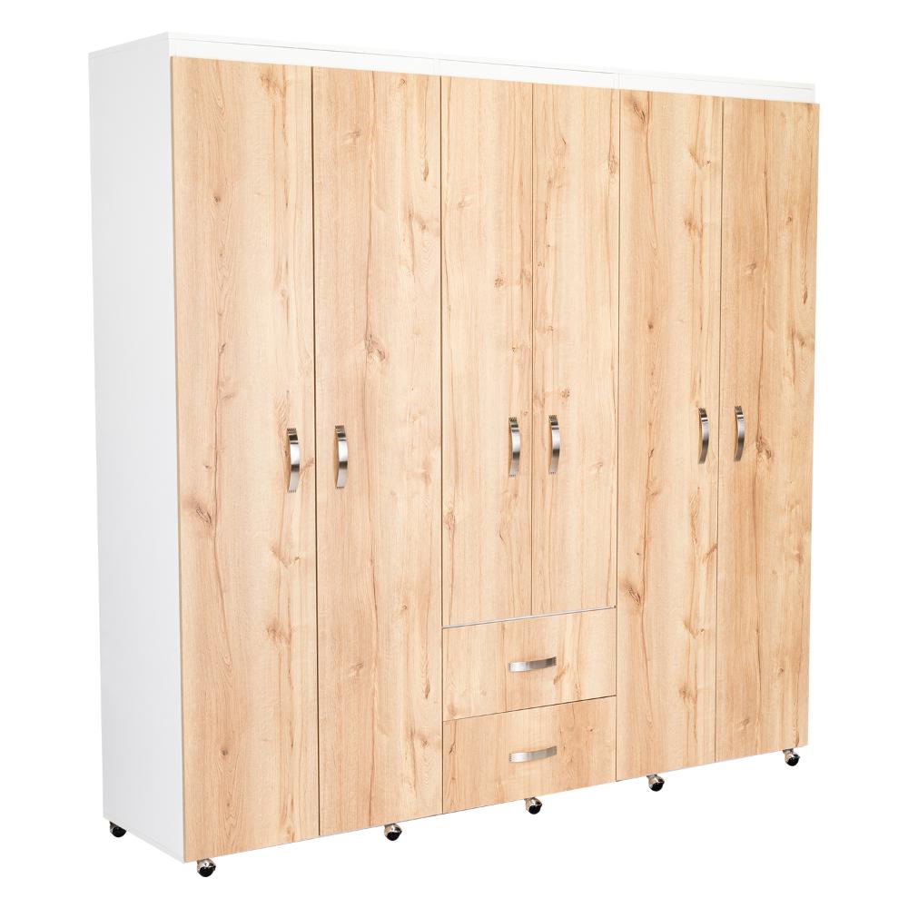 CLOSET BARILOCHE BOMBAY, CAFÉ CLARO Y BLANCO DUQUEZA CON VARIEDAD DE ENTREPAÑOS Y SEIS PUERTAS ABATIBLES