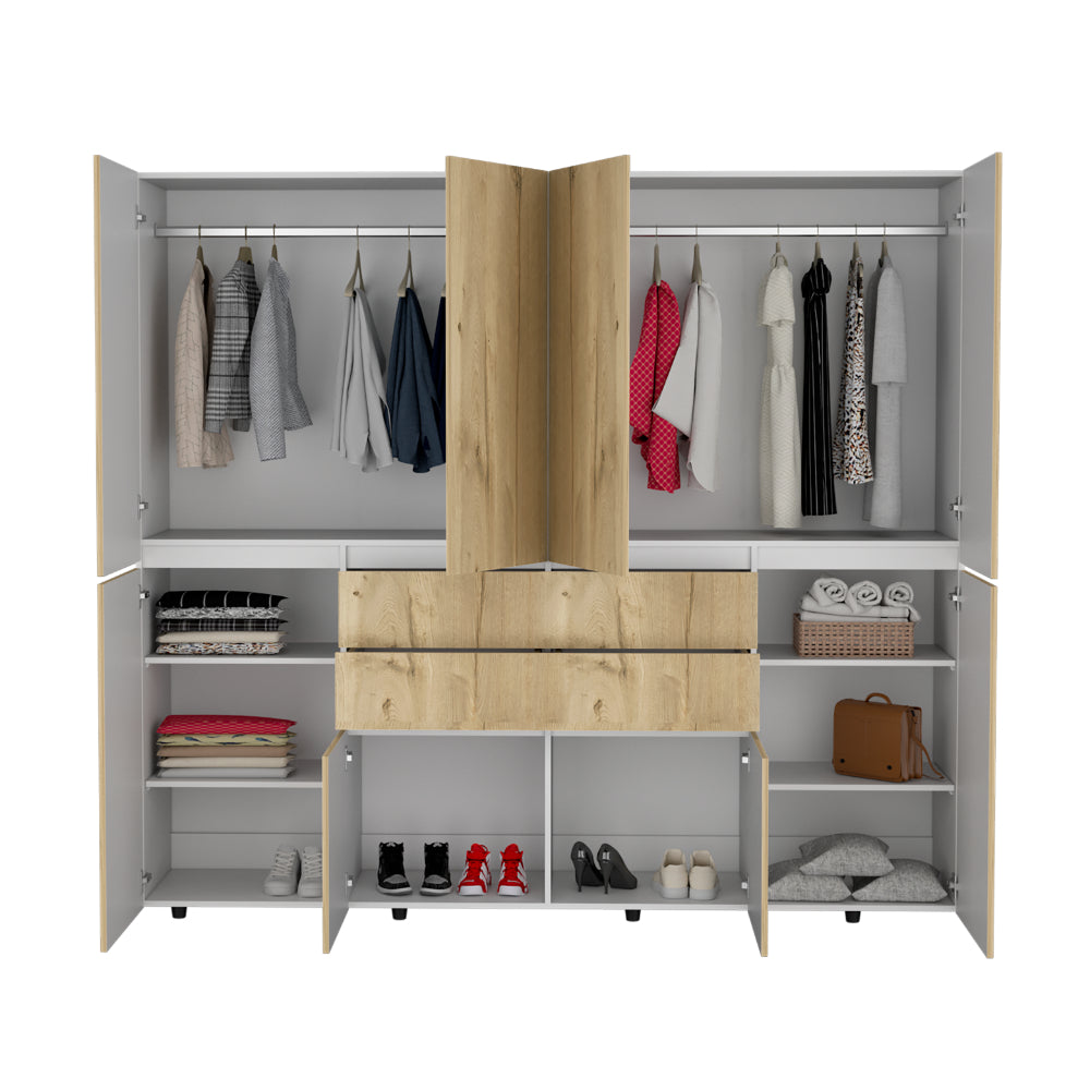 CLOSET SIRUELA 220, CAFÉ CLARO Y BLANCO, CON CUATRO CAJONES, OCHO PUERTAS Y GRAN CAPACIDAD DE ALMACENAMIENTO