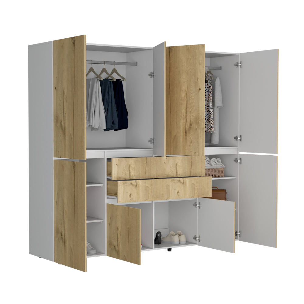 CLOSET SIRUELA 220, CAFÉ CLARO Y BLANCO, CON CUATRO CAJONES, OCHO PUERTAS Y GRAN CAPACIDAD DE ALMACENAMIENTO