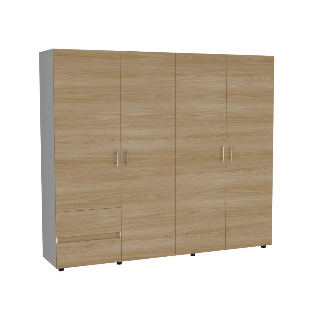 CLOSET LIGHT 230, BLANCO DUQUEZA Y FRESNO EUROPEO, CON DOS CAJONES Y CUATRO PUERTAS