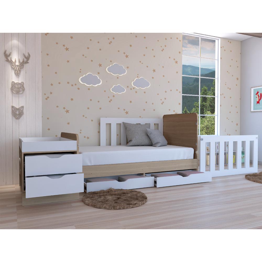 CAMA CORRAL PRAGA, BARDOLINO Y BLANCO, CON DOS CAJONES MULTIUSOS Y BARANDAS DE SEGURIDAD