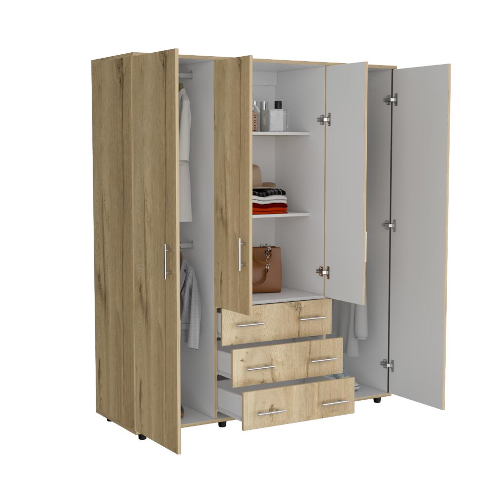 CLOSET FONTANA, CAFÉ CLARO Y BLANCO, CON CUATRO TUBOS PARA COLGAR ROPA Y ZAPATERO EN LA PARTE INFERIOR