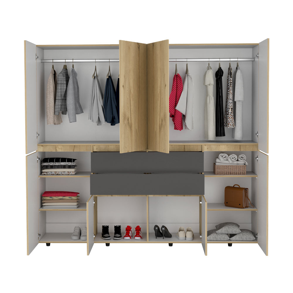 CLOSET SIRUELA 220, CAFÉ CLARO Y BLANCO, CON CUATRO CAJONES, OCHO PUERTAS Y GRAN CAPACIDAD DE ALMACENAMIENTO