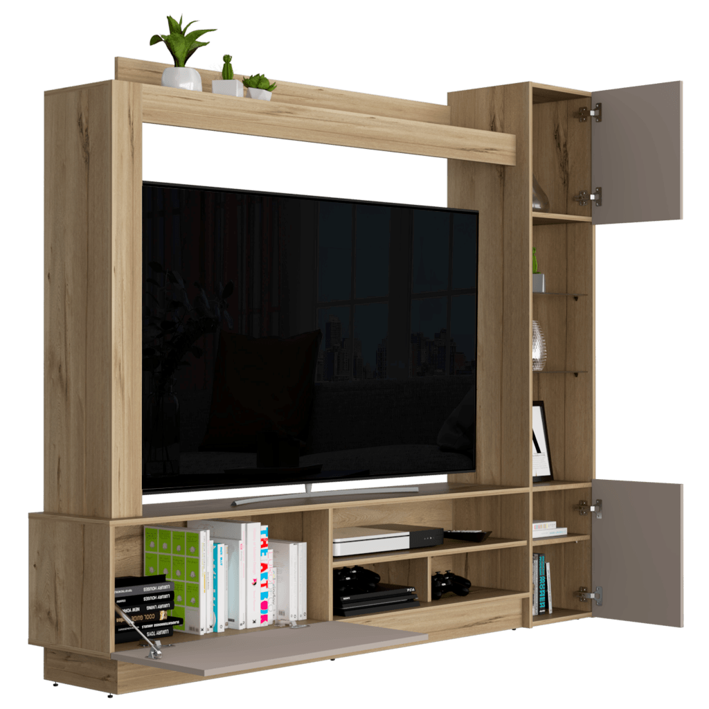 MESA PARA TV BAYERN, CAFÉ CLARO, CON ESPACIO PARA TELEVISOR DE HASTA 65 PULGADAS