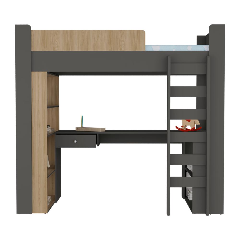 CAMAROTE MULTIFUNCIONAL CORYN, PLATA OSCURO Y FRESNO EUROPEO, CON ESCALERAS FIJAS Y CAJÓN PARA GUARDAR IMPLEMENTOS