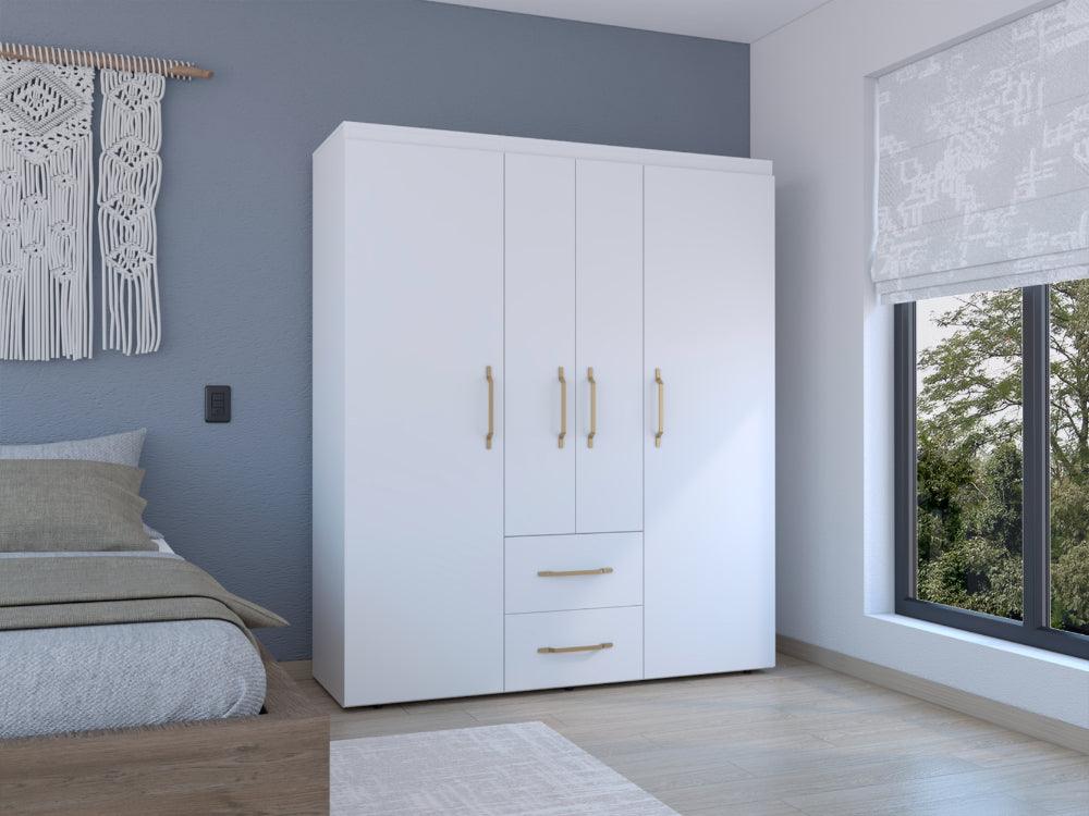 CLOSET BARILOCHE BOMBAY ECO, BLANCO DUQUEZA Y DORADO, CON VARIEDAD DE ENTREPAÑOS Y CUATRO PUERTAS ABATIBLES ZF