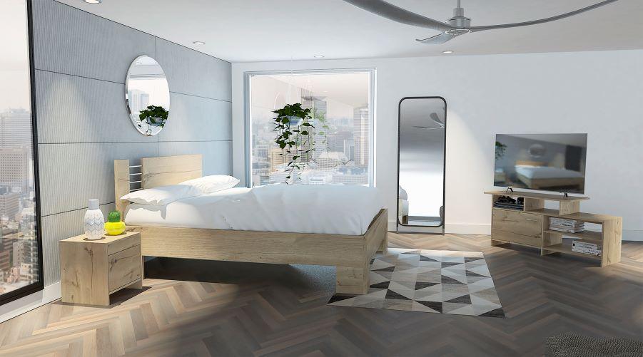 COMBO PARA HABITACIÓN ENNIS, CAFÉ CLARO, INCLUYE MESA PARA TV Y MESA DE NOCHE