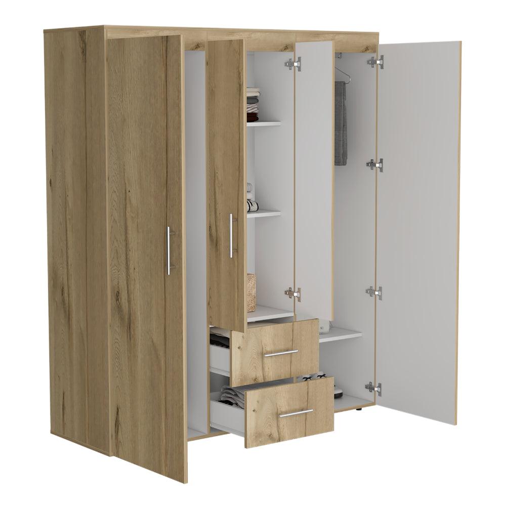 CLOSET BARILOCHE BOMBAY ECO, CAFÉ CLARO Y BLANCO, CON VARIEDAD DE ENTREPAÑOS Y CUATRO PUERTAS ABATIBLES