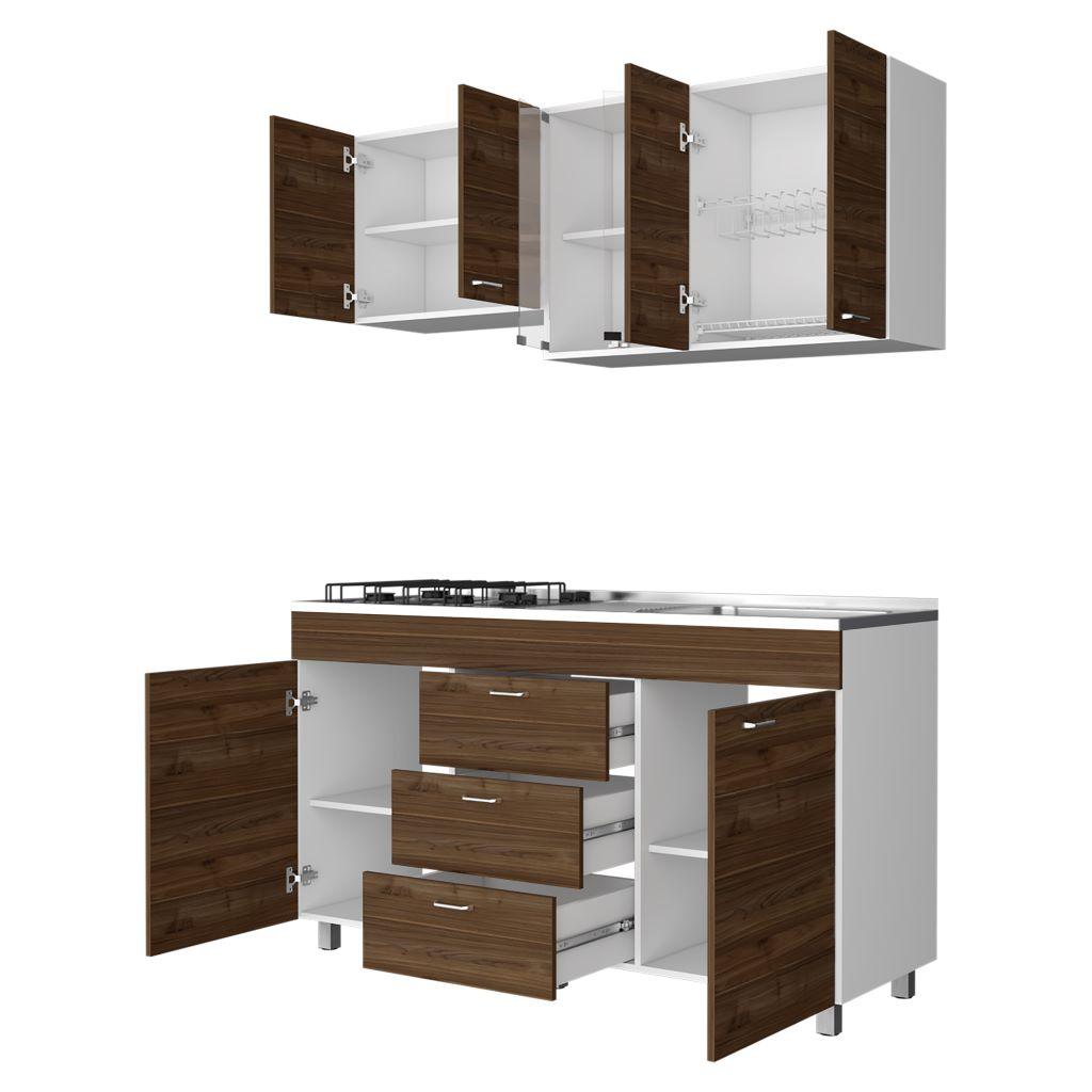 COCINA INTEGRAL LAUREL, CASTAÑO Y BLANCO, INCLUYE MESÓN DERECHO EN ACERO INOXIDABLE