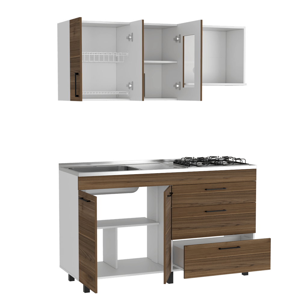 COCINA INTEGRAL FARICHI, CASTAÑO Y BLANCO, INCLUYE MESÓN IZQUIERDO EN ACERO INOXIDABLE