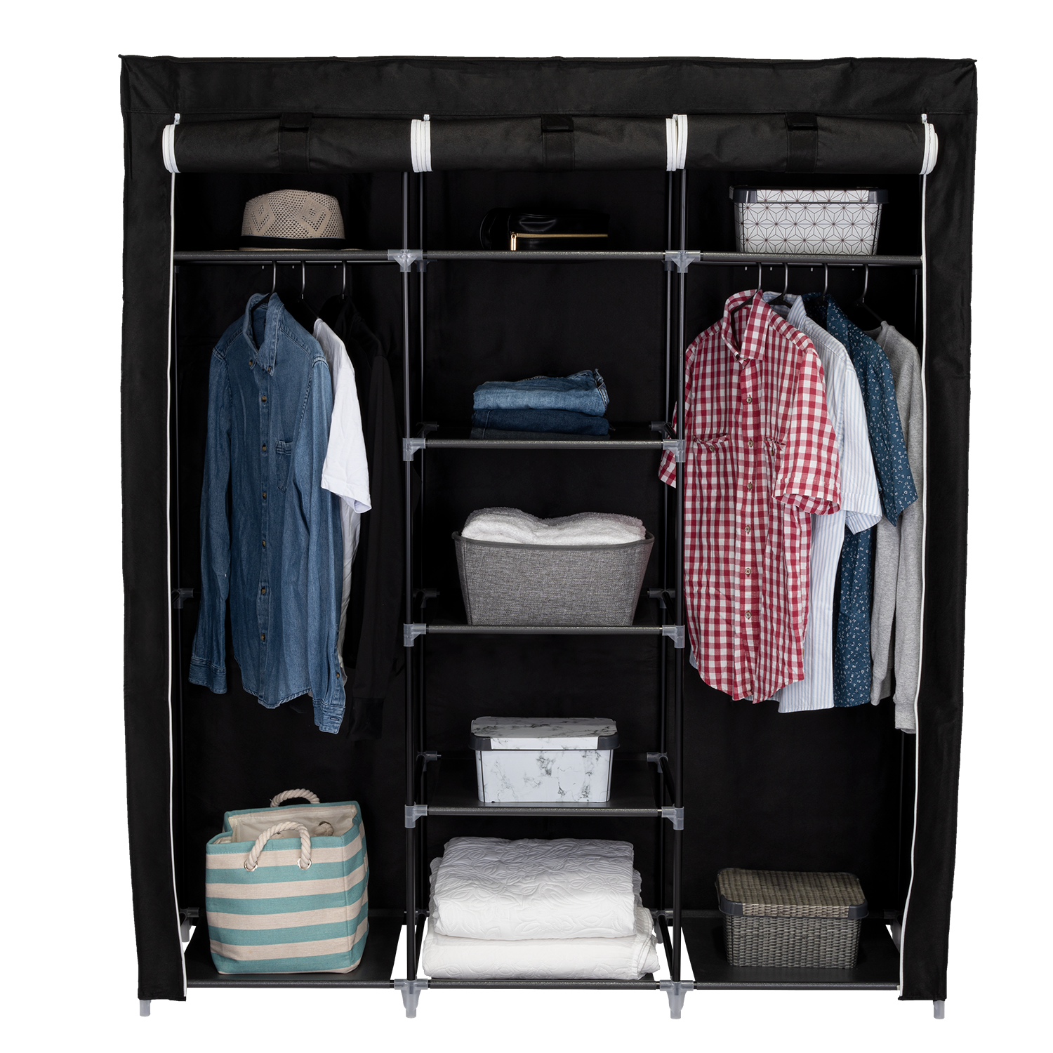 CLOSET PORTÁTIL JESAN, NEGRO, VARIEDAD DE ENTREPAÑOS EN TELA