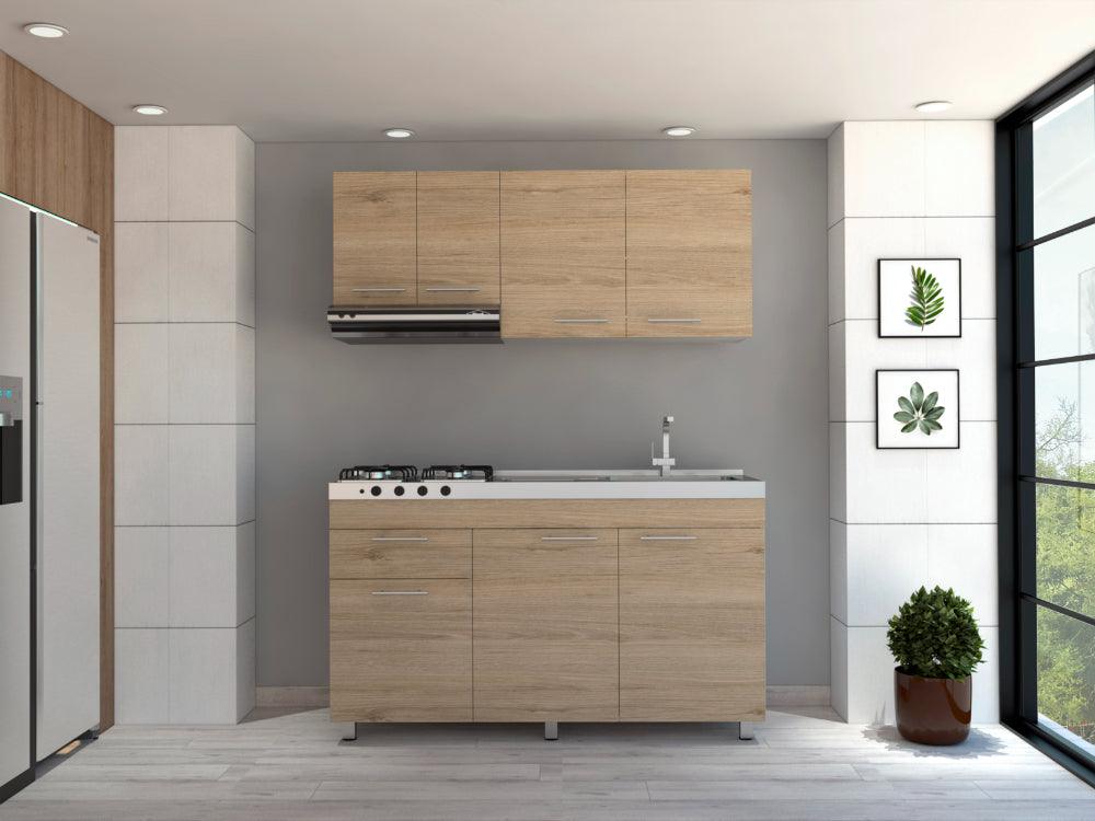 COCINA INTEGRAL AMERALTO, BEIGE Y BLANCO, INCLUYE MESÓN DERECHO Y CAMPANA