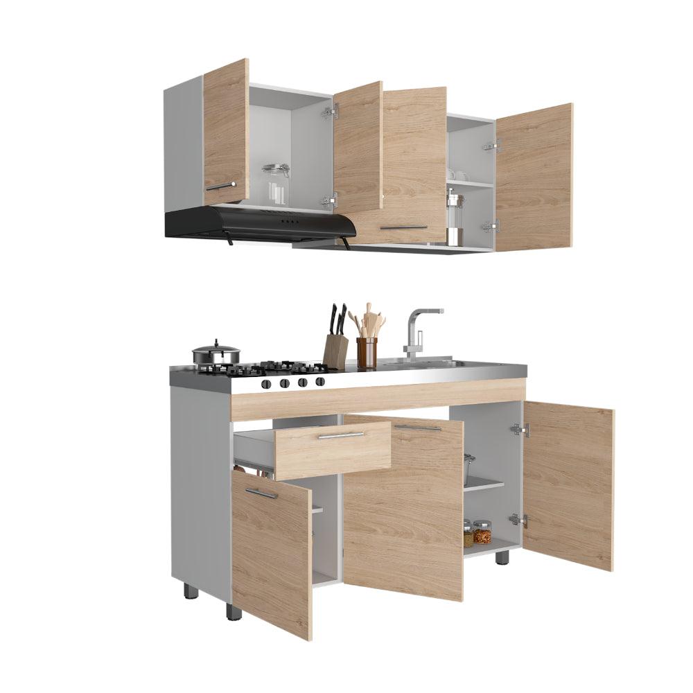 COCINA INTEGRAL AMERALTO, BEIGE Y BLANCO, INCLUYE MESÓN DERECHO Y CAMPANA