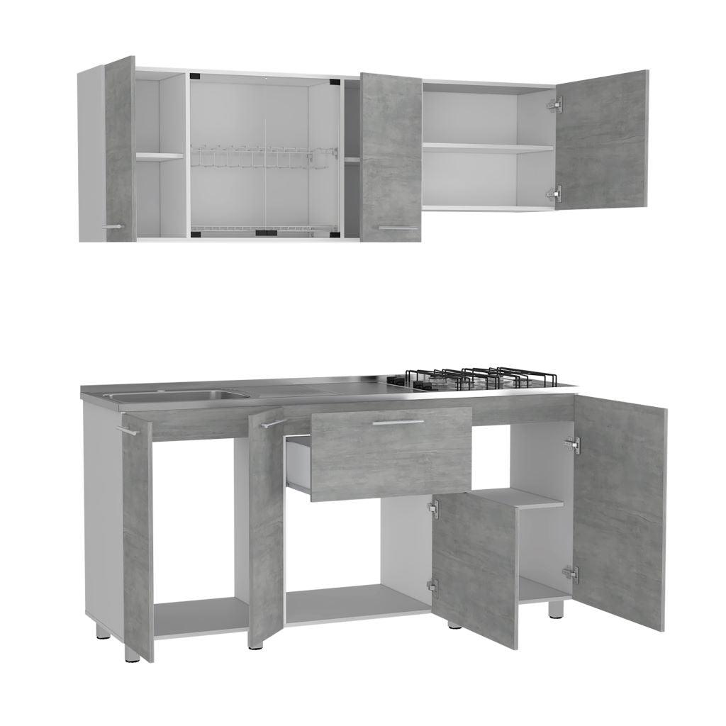 COCINA INTEGRAL LINAR, CEMENTO Y BLANCO, INCLUYE MESÓN IZQUIERDO EN ACERO INOXIDABLE